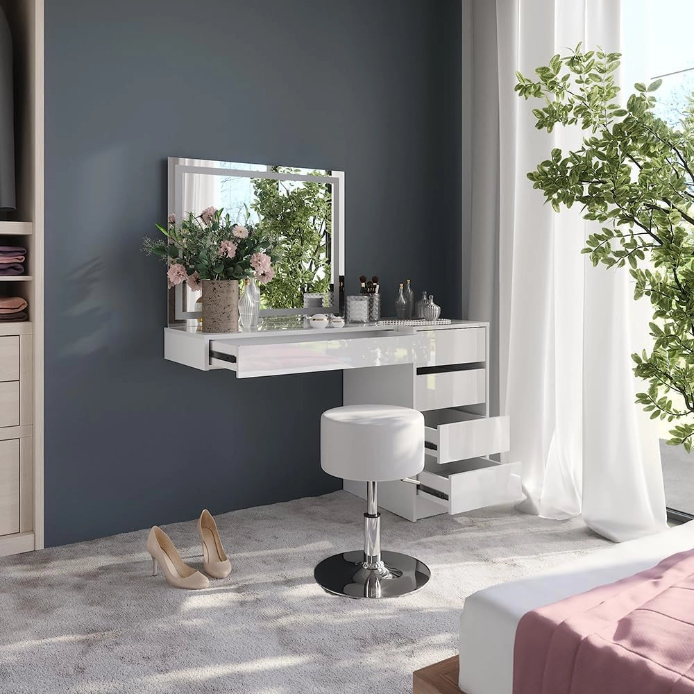 Tavolo da toeletta Sherry, Bianco/bianco lucido, 120 cm 4 parti, con illuminazione LED e specchio integrato