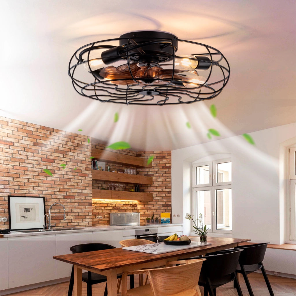Ventilatore da soffitto con gabbia e luce; 19 pollici; 7 pale; motore reversibile; nero e noce scuro