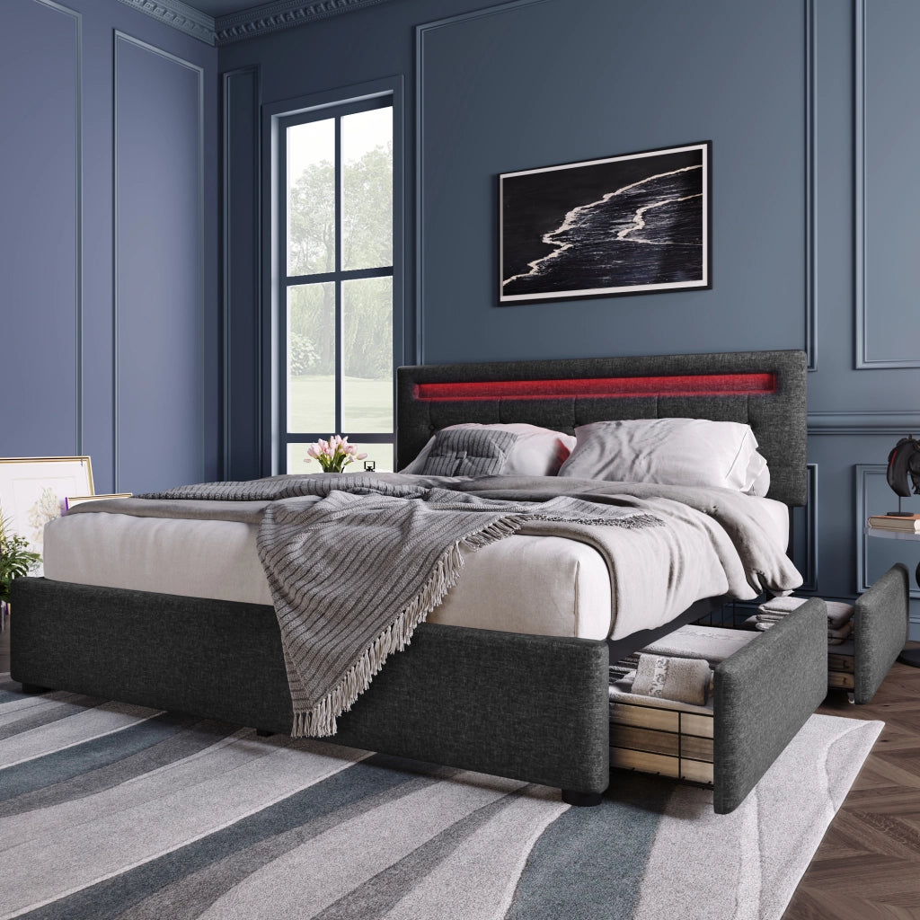 Letto matrimoniale in lino grigio con LED, 4 cassetti, testiera regolabile e rete a doghe
