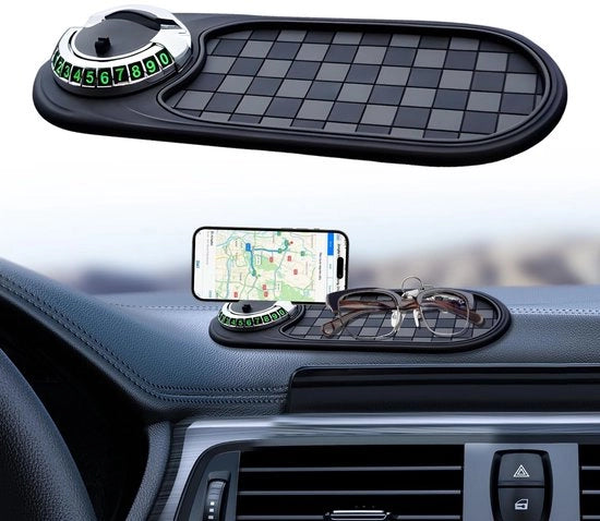 Matrice antislip multifunzionale per auto, supporto universale per smartphone, progettazione rotativa 360°, matrice antislip per auto, matrice antislip per cruscotto, con posizionamento per numero di parcheggio per smartphone (nero)