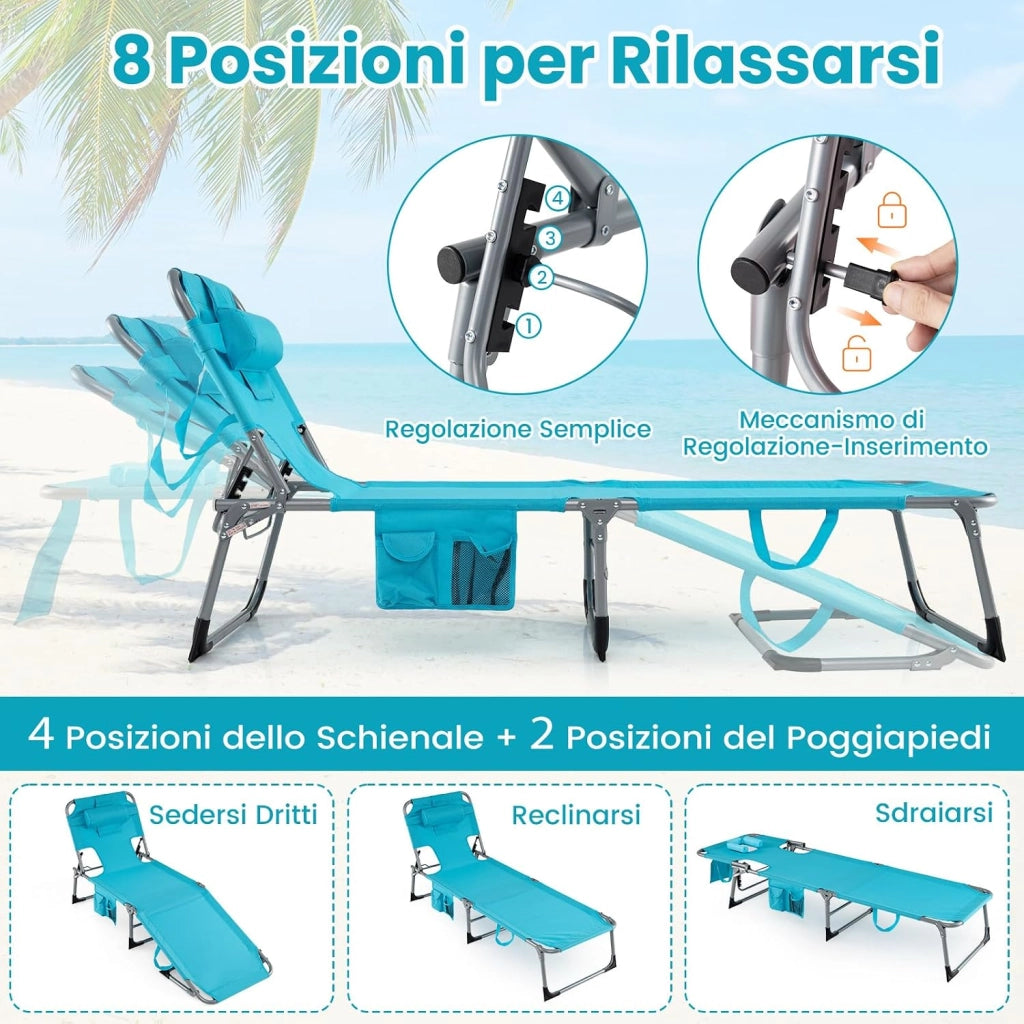 Lettino Prendisole da Spiaggia, Sdraio Mare Pieghevole Portatile con Foro per Viso e Braccia, Cuscino e Tasche Laterali, Schienale Regolabile 4 Posizioni, Portata 150 kg (Turchese)