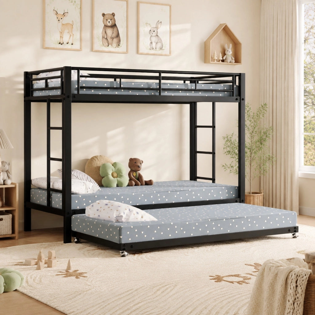 Letto a castello 90x200 cm in metallo nero con letto estraibile e sponde alte