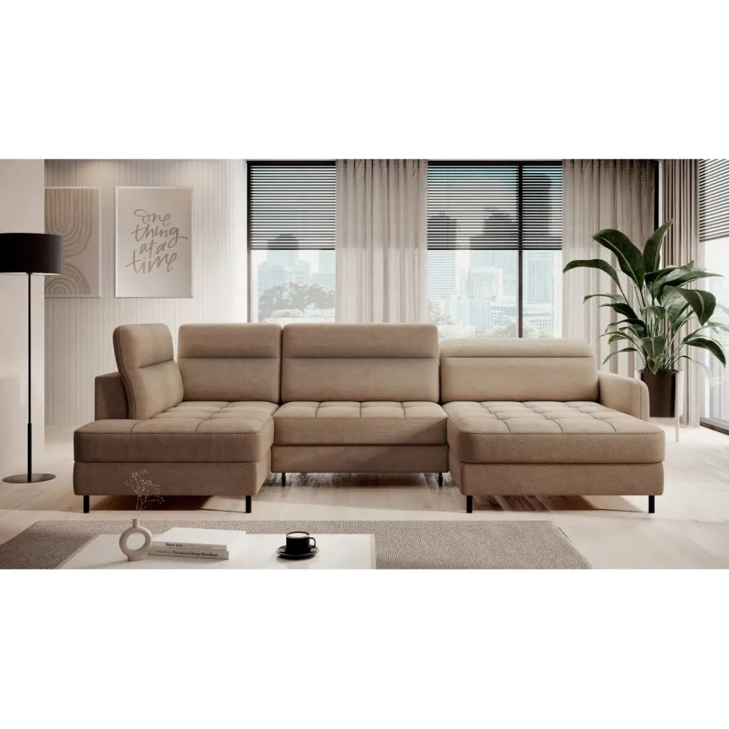 Divano angolare convertibile BERTHO 306 cm marrone chiaro chenille - Angolo destro con contenitore