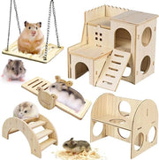 Set di gioco per hamster 5 pezzi - casa per hamster, giocattolo da mordere in legno, giocattolo per cavia con ruota orologio, ponte, altalena e sospensione