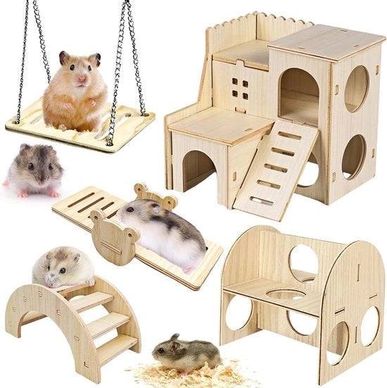 Set di gioco per hamster 5 pezzi - casa per hamster, giocattolo da mordere in legno, giocattolo per cavia con ruota orologio, ponte, altalena e sospensione
