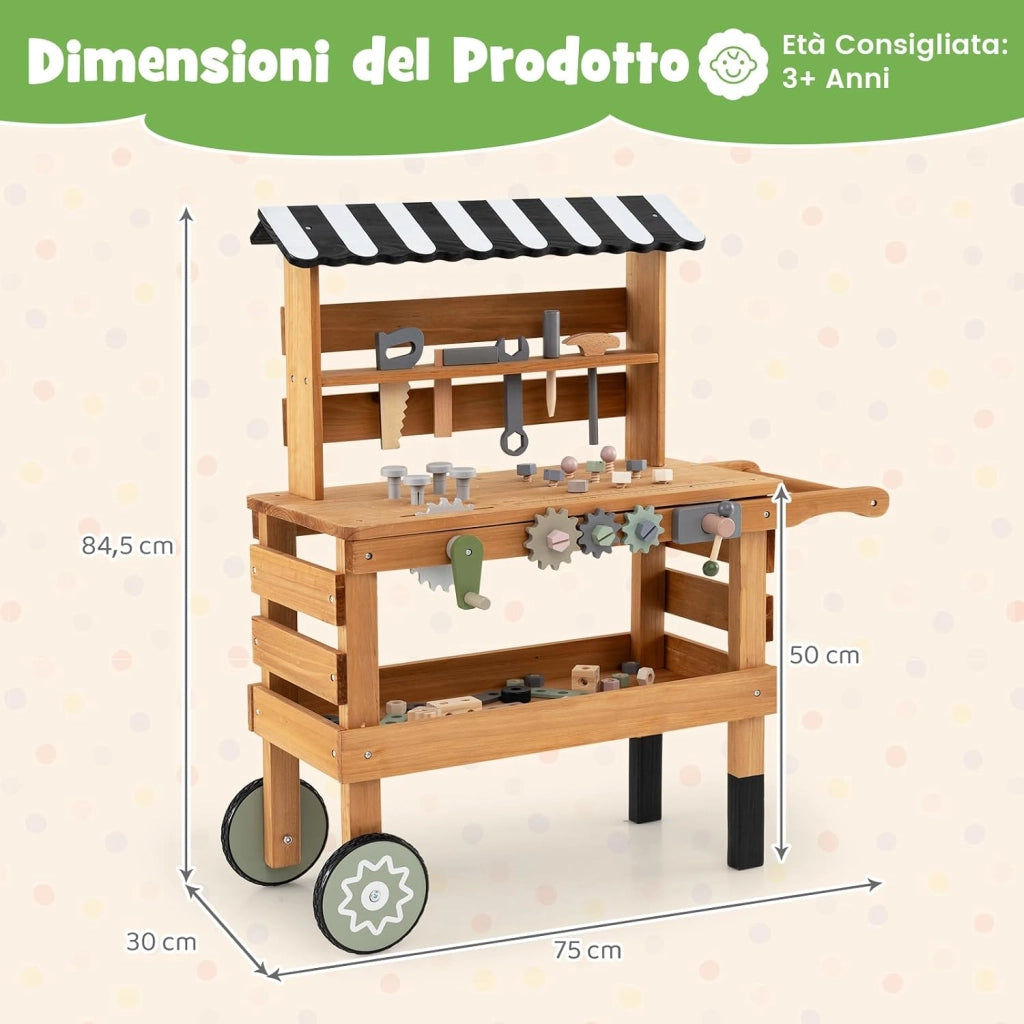 Banco da Lavoro in Legno per Bambini, Carrello 2 in 1 con Accessori Realistici, Maniglia Portatile, Cappottina Superiore e Porta Attrezzi, Tavolo da Lavoro Giocattolo Officina 3+ Anni