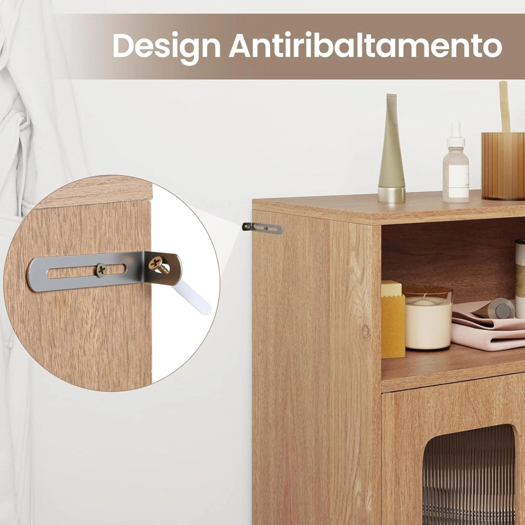 Mobile da Bagno, Mobiletto Salvaspazio con 2 Ante e Ripiano Regolabile a 3 Livelli, Scomparto Aperto, Design Anti-Ribaltamento e Piedini Rialzati, Armadietto per Lavanderia (Naturale)