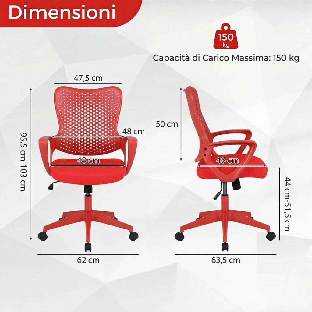 Sedia da Ufficio Ergonomica, con Schienale Reclinabile, Regolabile in Altezza, Sedia Scrivania con Seduta Girevole 360°e Ruote per Ufficio, Studio e Soggiorno, Portata 150 kg (Rosso)
