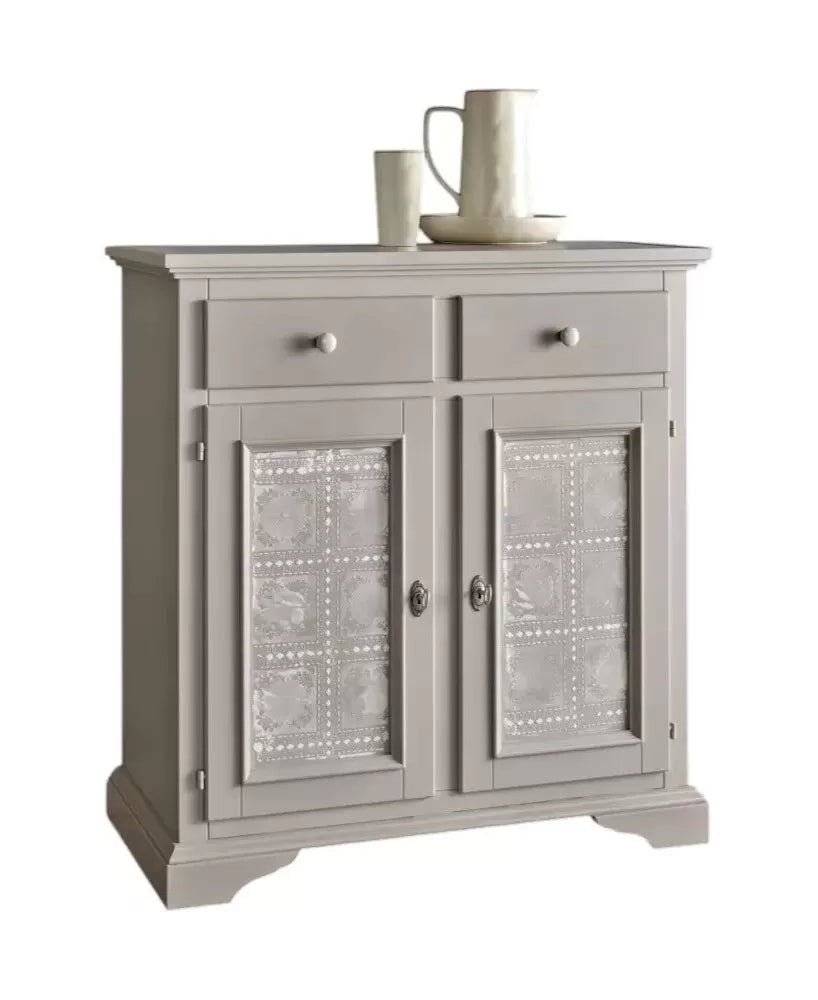 Credenza 2 ante 2 cassetti shabby legno massello tortora decorata 90x40x94 - Mobili 2G