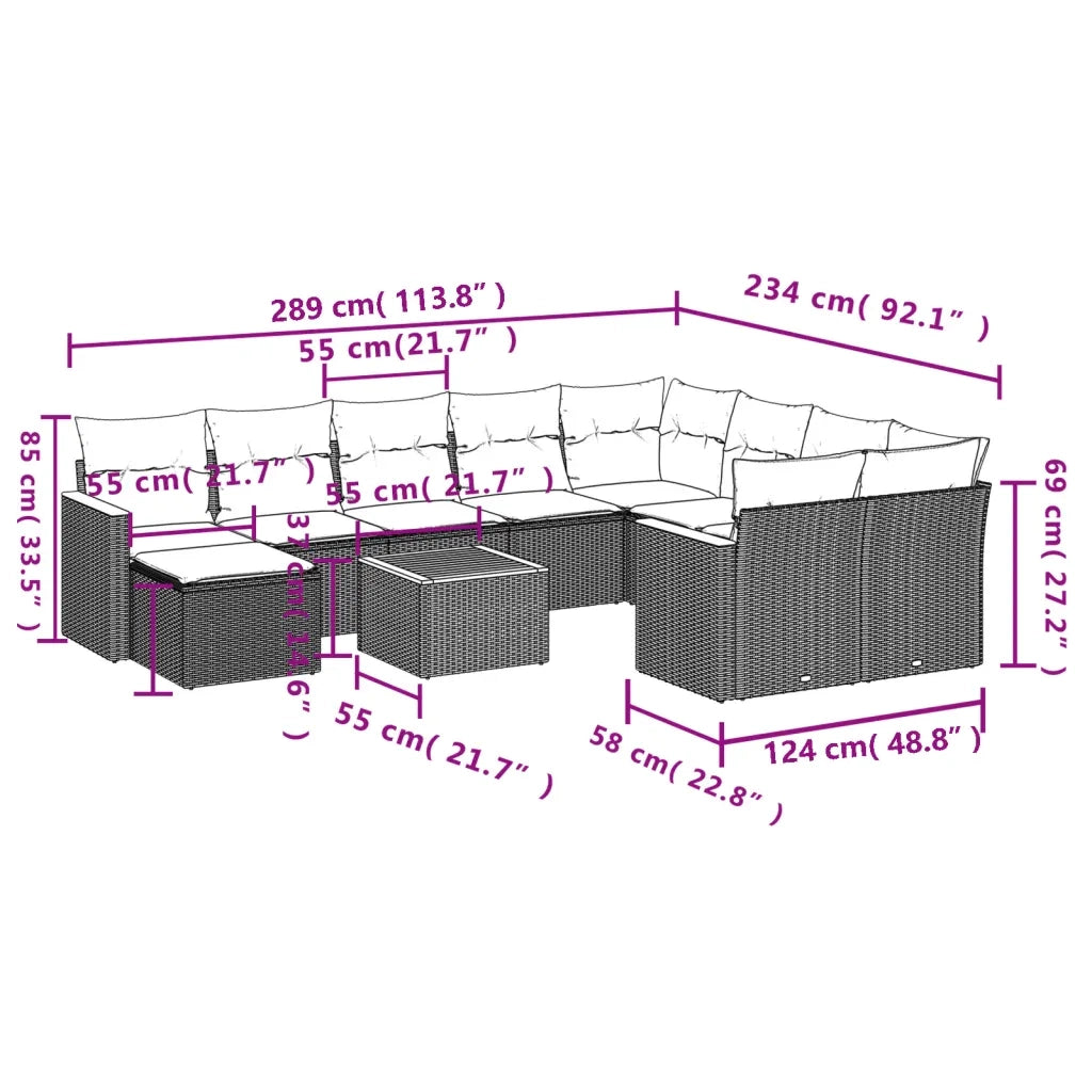 Set Divani da Giardino 11 pz con Cuscini in Polyrattan Grigio 3258966