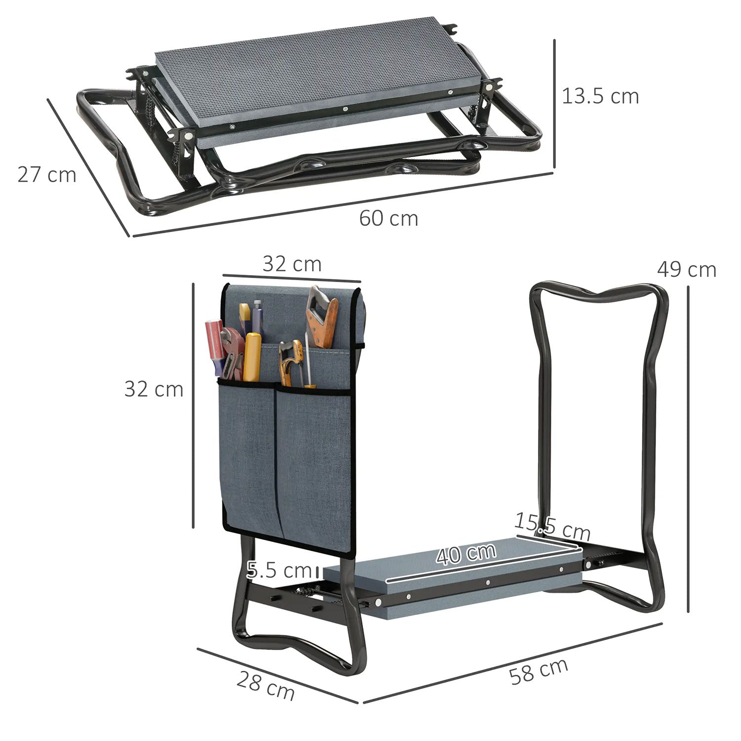 Sedia Inginocchiatoio 2 in 1 con Borsa Portaoggetti 58x28x49 cm e Cuscino in Acciaio e EVA Grigio e Nero