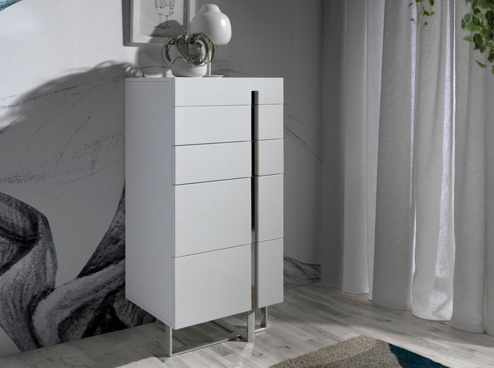 Chiffoniera in legno bianco e acciaio cromato