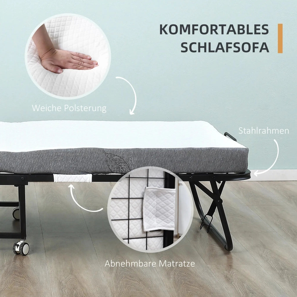 Letto per ospiti, letto pieghevole con ruote, acciaio e schiuma, bianco e nero, 200x75x42,5 cm