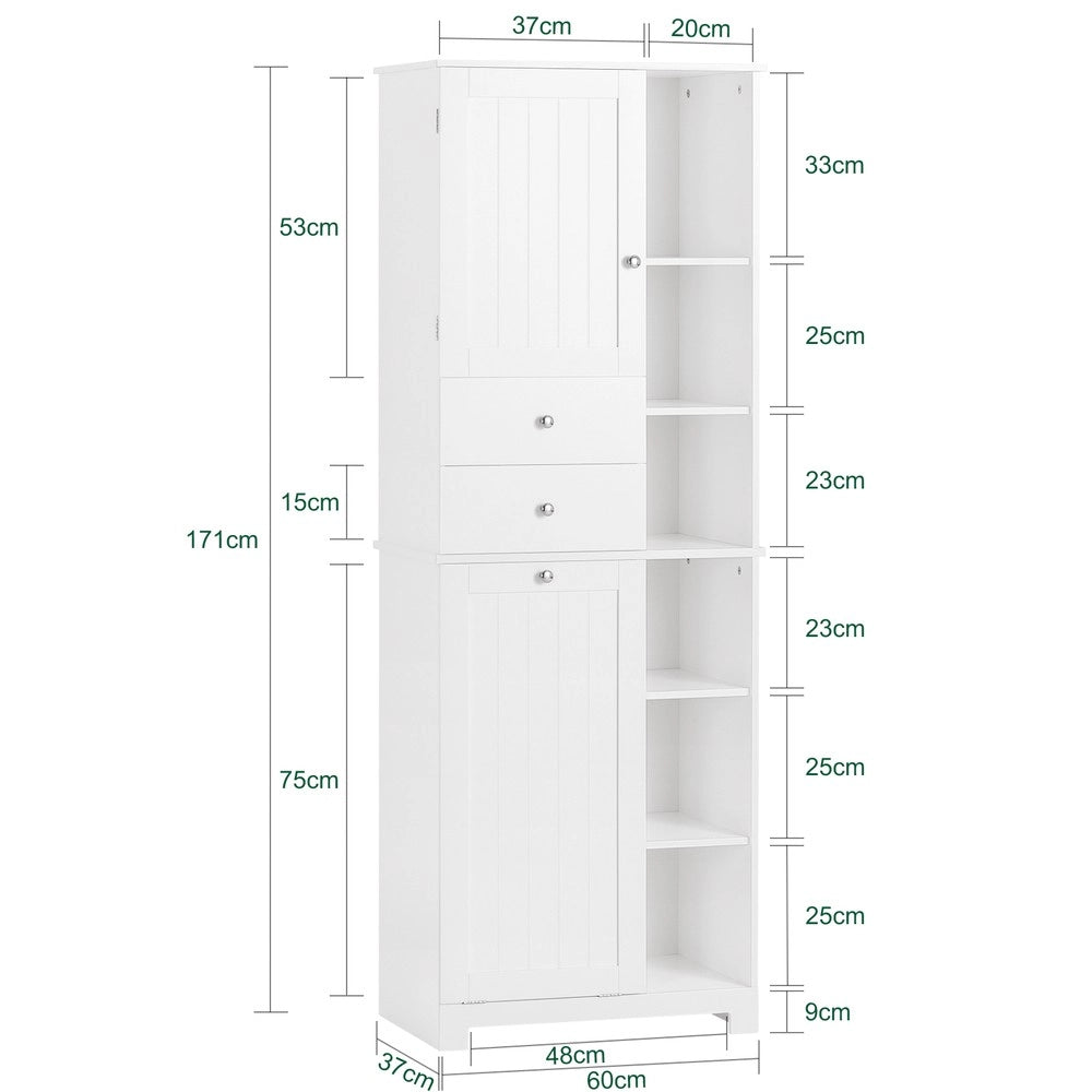 SoBuy Colonna Bagno con Cesto per Linge Mobile Rangemento Alto Armadio Bagno con 6 Ripiani e 2 Cassetti Mobiletto Salvaspazio Bianco 60x37x171 cm BZR104-W