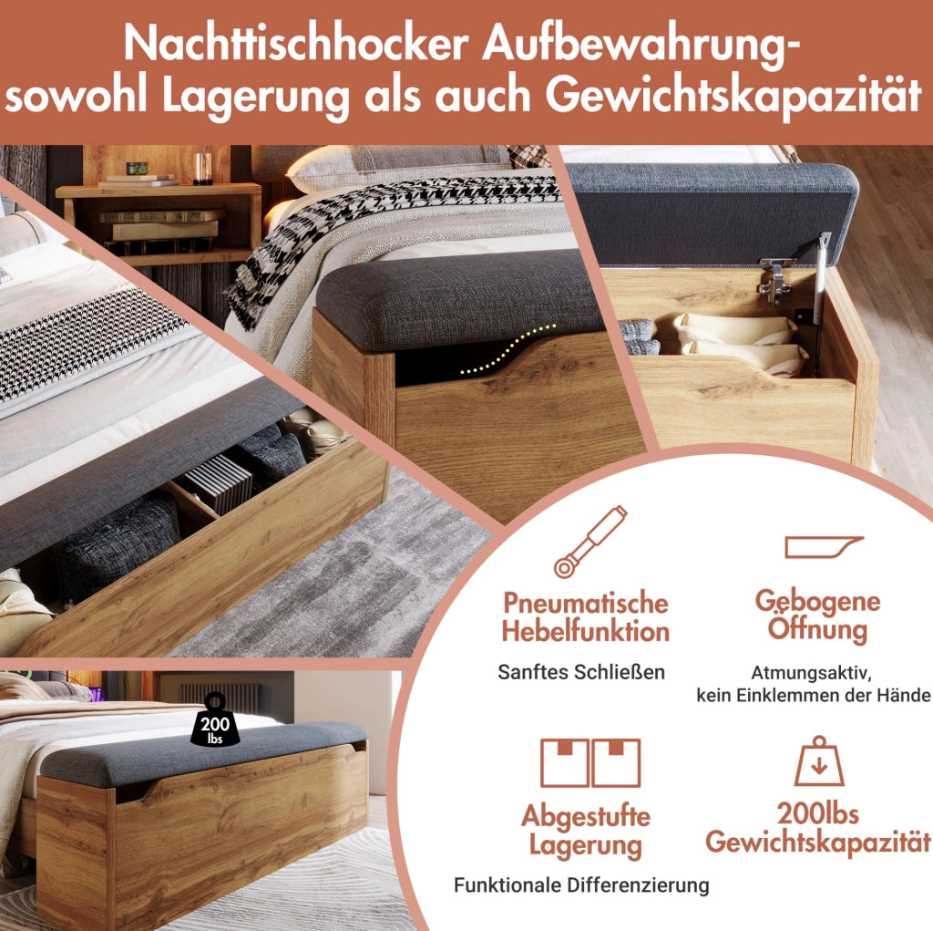 Letto matrimoniale 180x200 cm con luci da lettura; USB Type-C e panca contenitore; rovere
