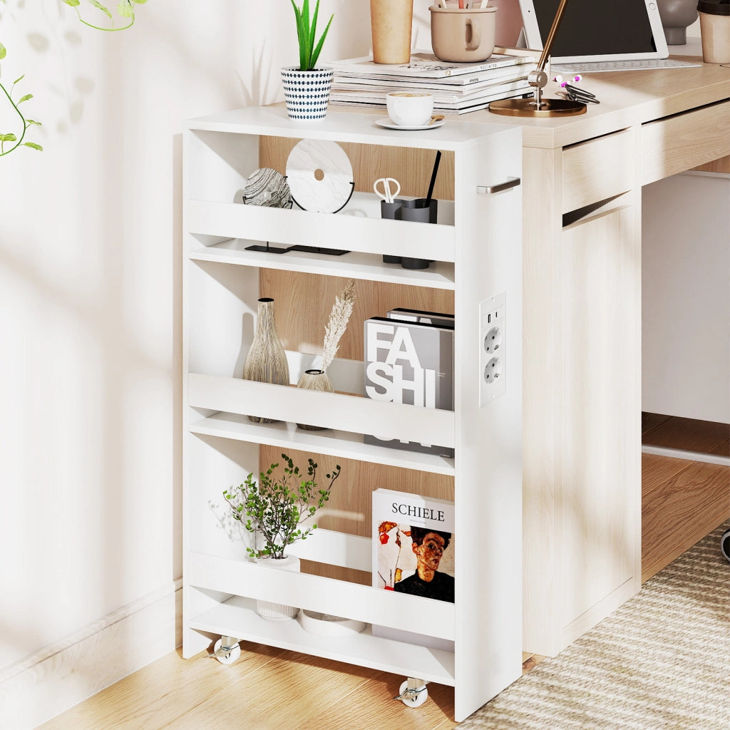 Carrello da cucina 4 ripiani con stazione di ricarica maniglia e parapetti-Scaffale stretto a sfilo con ruote bloccabili per cucina  Bianco 20cm