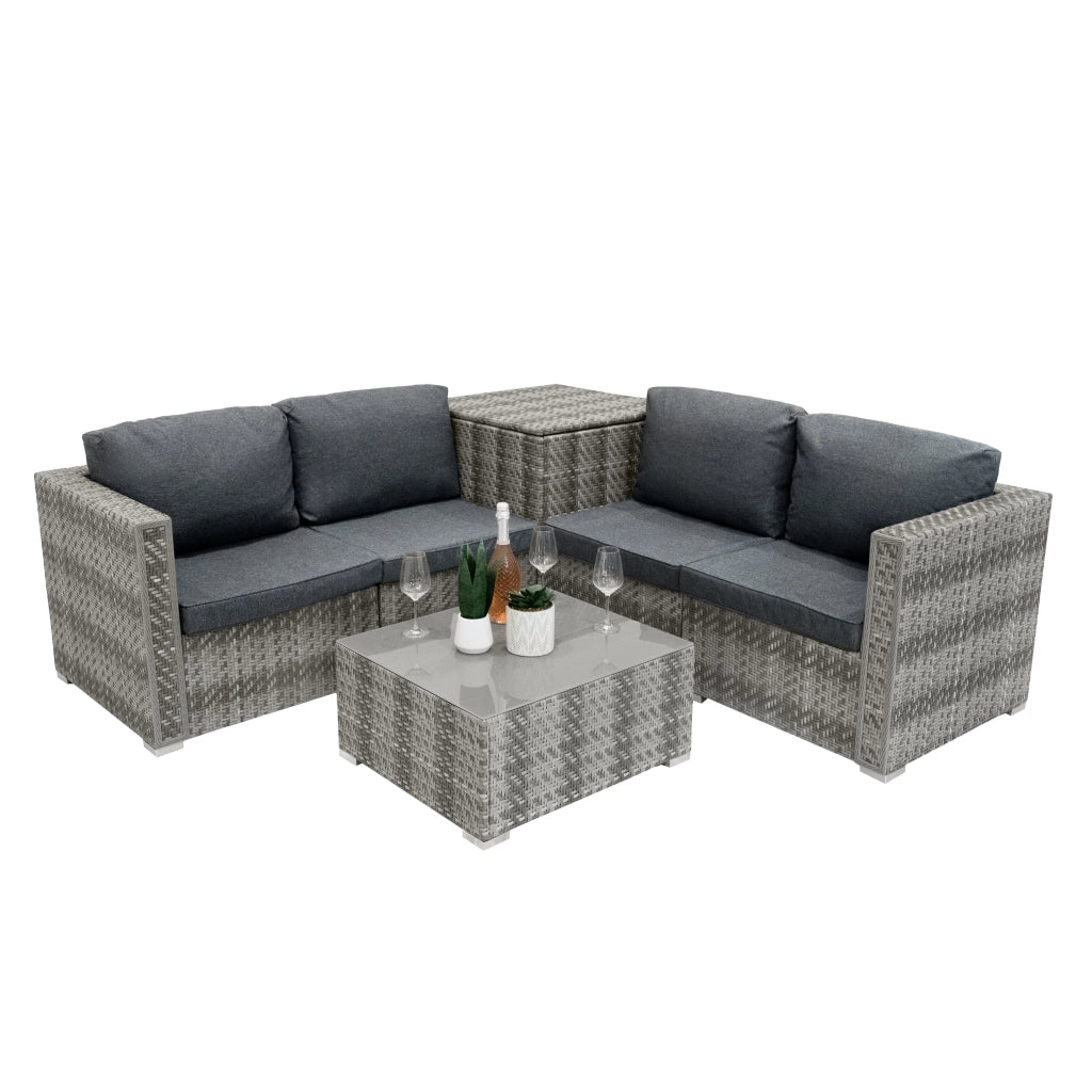 Set Divani Rattan Grigio 6 Pezzi con Cuscini, Tavolino e Baule 250L