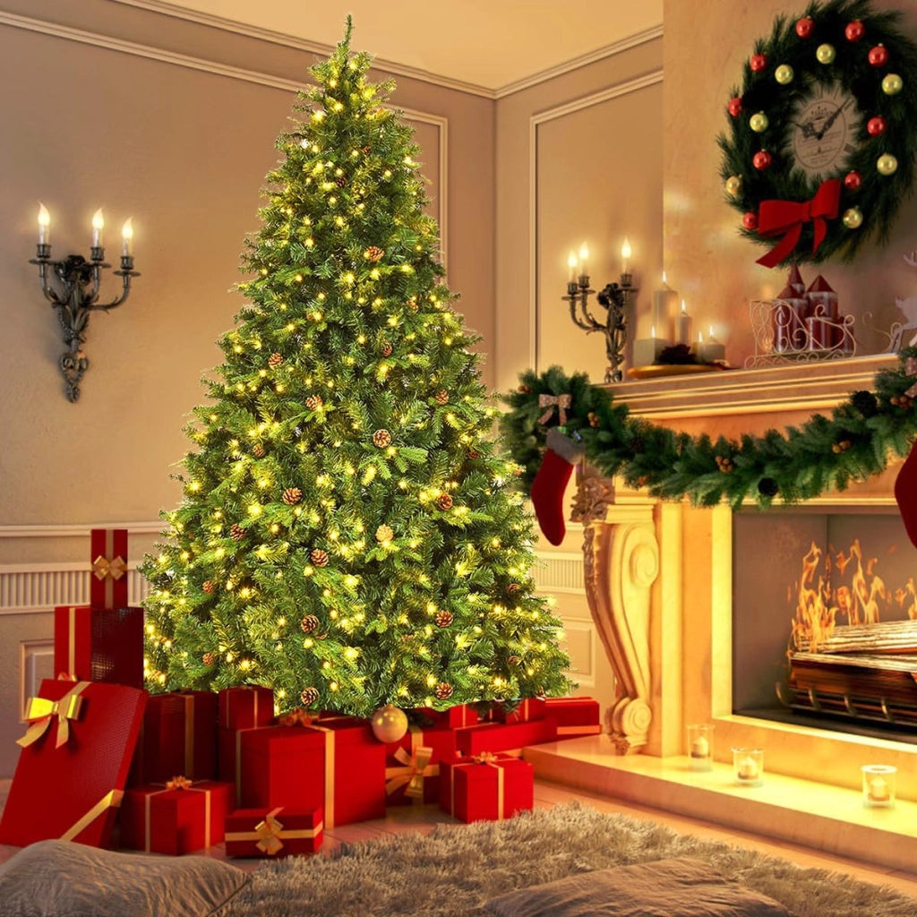 Albero di Natale 240 cm, Albero di Natale con 600 Luci a LED Bianco Caldo, 1335 Rami e Pigne, Decorazione Natalizia per Casa e Negozio (240cm)