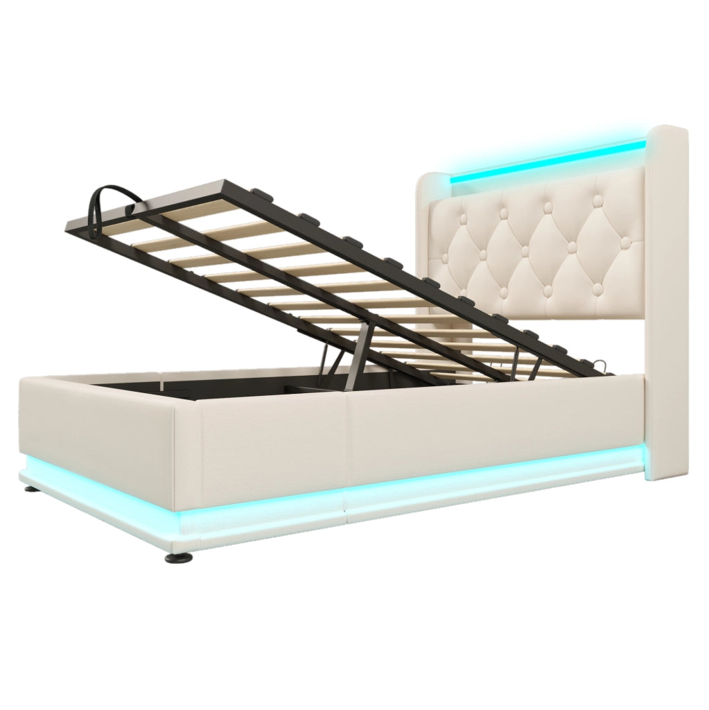 Letto imbottito con contenitore idraulico 90x200 cm; LED 360°; USB e Type-C; PU bianco
