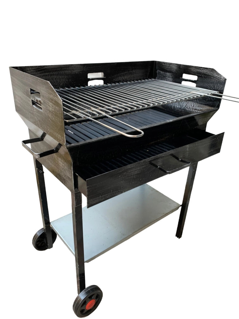 Barbecue a Legna e Carbonella in Ferro, con Ruote, Regolabile su 2 Altezze, Griglia in Acciaio, Ripiano poggia utensili 60x38cm