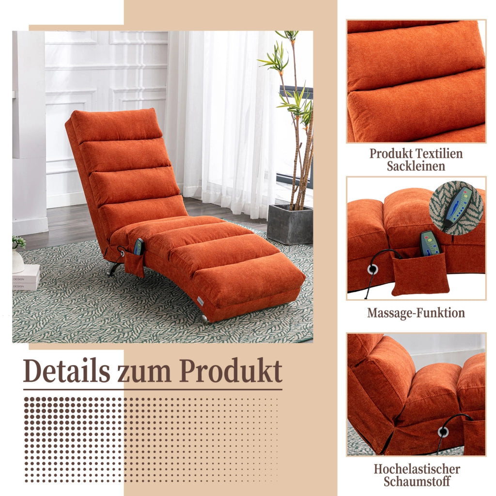 Chaise longue relax con vibrazione; schienale ergonomico 140°; 55x148x84 cm; arancione in lino