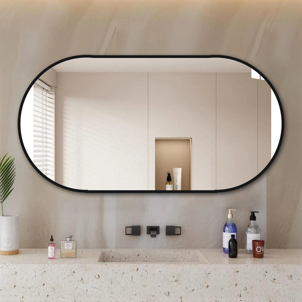 SPECCHIO ad arco 60x120 cm con cornice in alluminio nero, installazione verticale o orizzontale