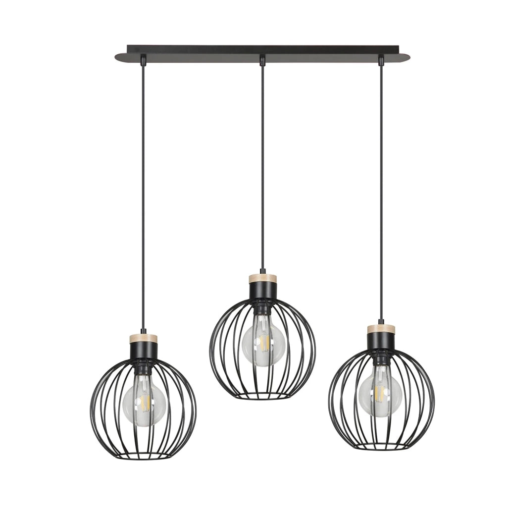 Lampadario 3 Luci Morgana Paralumi A Gabbia In Acciaio Nero E Legno Naturale