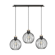Lampadario 3 Luci Morgana Paralumi A Gabbia In Acciaio Nero E Legno Naturale