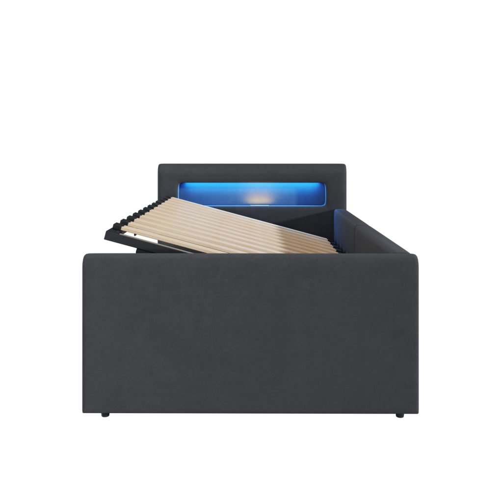 Letto imbottito per bambini 90x200 cm con LED, USB e contenitore in velluto grigio