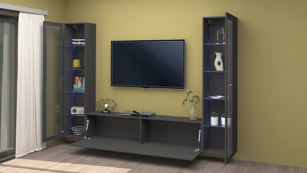 Parete attrezzata mobile TV sospesa design moderno antracite 2 vetrine Liv RT