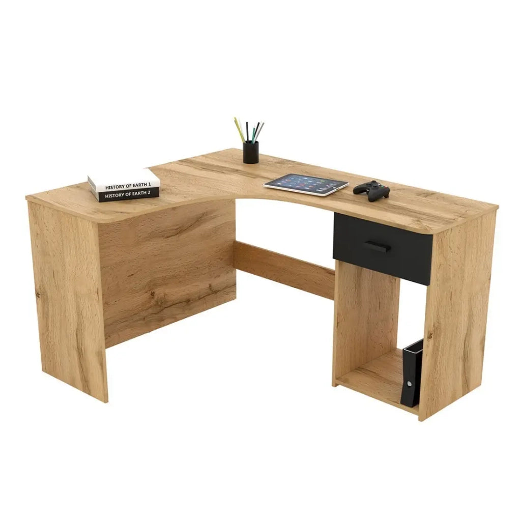Scrivania angolare design con numerosi spazi di archiviazione collezione LOUANE colore rovere e nero.