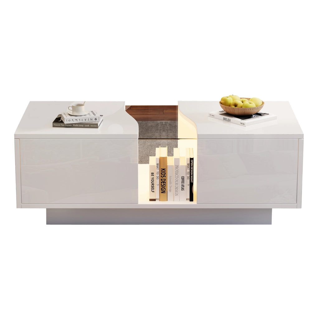 Tavolino da salotto moderno con LED; 2 cassetti; 100 x 50 x 35 cm; bianco lucido in MDF
