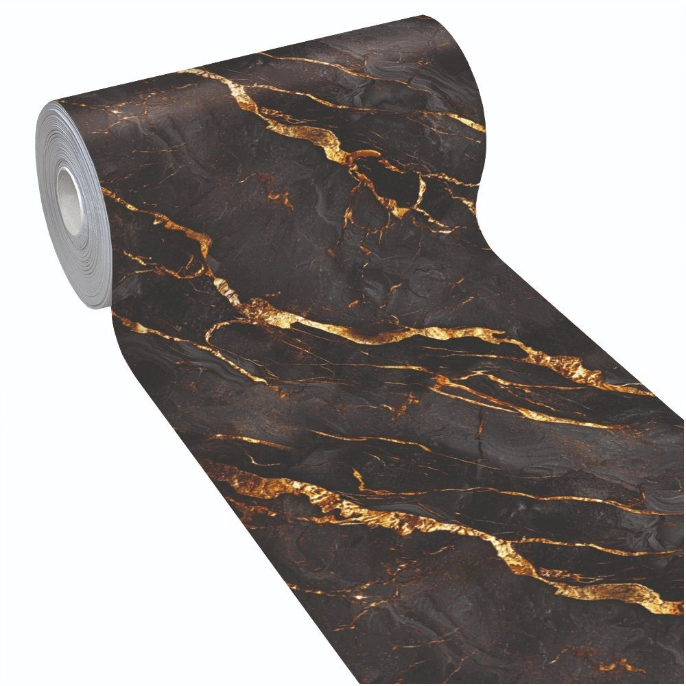 Tappeto Cucina Pvc Stampato Risoluzione HD Antimacchia Antiscivolo Marmo Scuro Venato Oro - 51x340 Cm