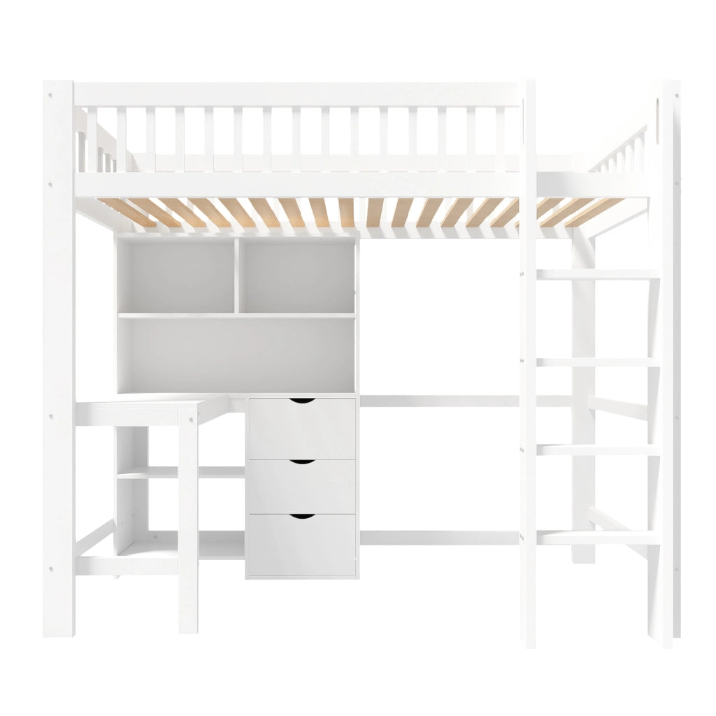 Letto a soppalco 90x200 cm con scrivania; cassetti e vani aperti in legno e MDF bianco