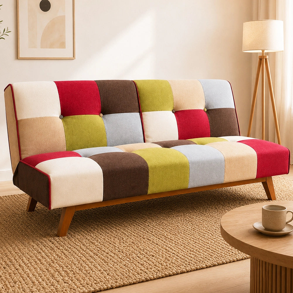 Divano Letto in Tessuto Patchwork Imbottito Gambe in Legno Schienale Reclinabile