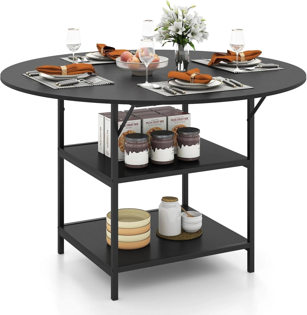 Tavolo da Pranzo Rotondo Ø 120 cm, adatto per 4-6 Persone, con 2 Ripiani, Piano Effetto Legno e Struttura in Metallo, Stile Industriale, Ideale per Cucina e Sala da Pranzo