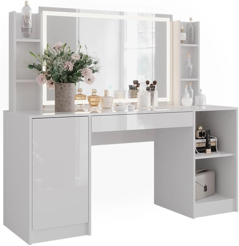 Tavolo da toeletta Sherry, Bianco/bianco lucido, 158.2 cm 4 parti, con illuminazione LED e specchio regolabile in altezza