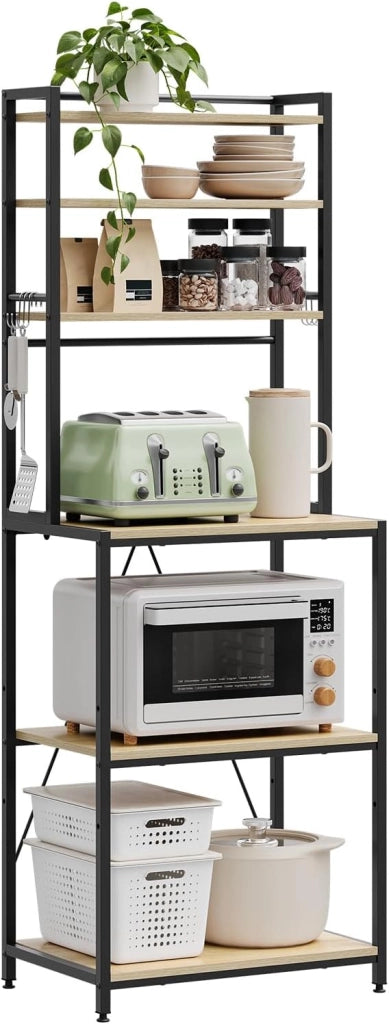 Scaffale da Cucina con 6 Ripiani, Scaffale per Microonde con 6 Ganci, Struttura in Metallo, Legno Ingegnerizzato, 60x40x167cm, Rovere Chiaro+Nero