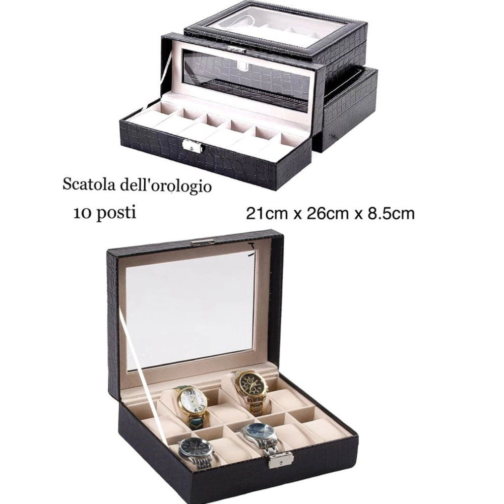Trade Shop - Scatola Porta Orologi 10 Posti Con Vetro Doppio Livello Custodia Elegante Effetto Pelle -