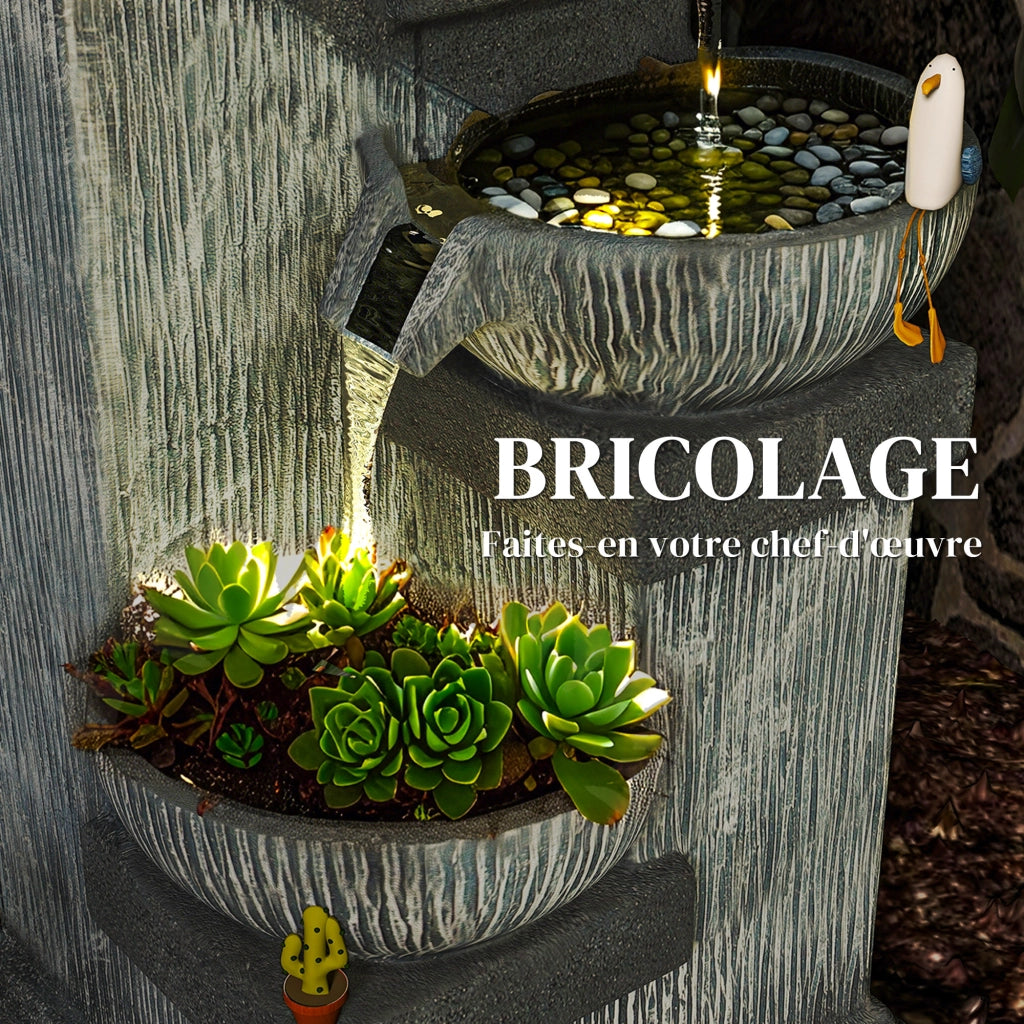 Fontana da Giardino a Cascata 4 Livelli ¨C Xylo ¨C Con Luci LED Resina Grigio 38x36x85cm