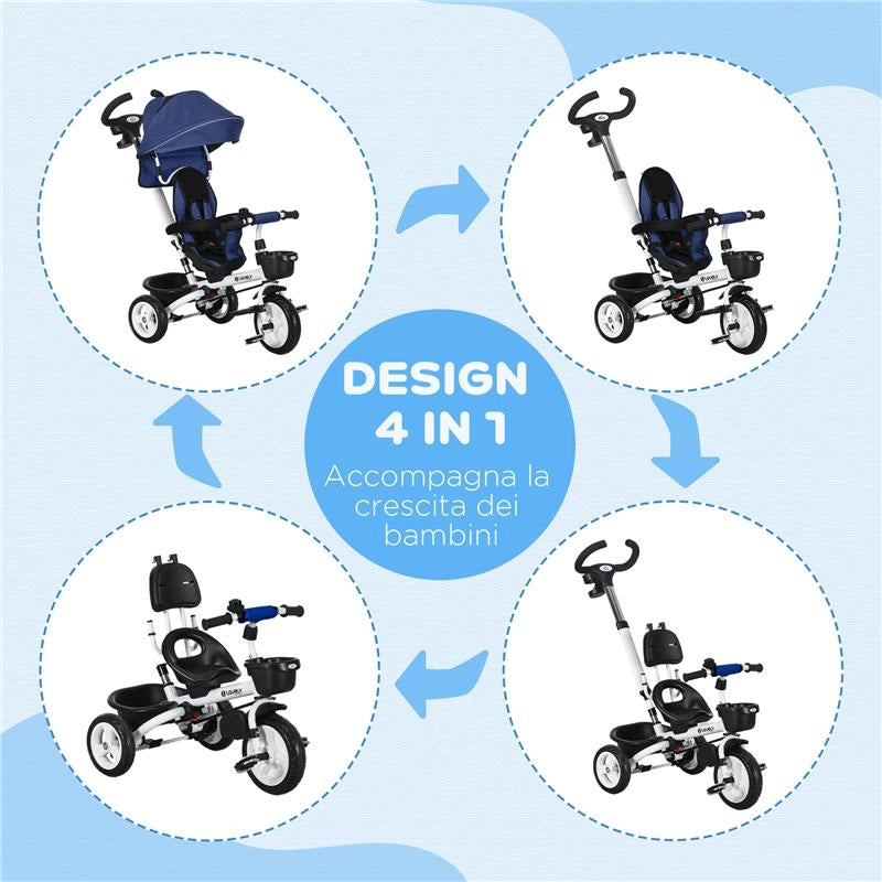 TRICICLO PASSEGGINO PER BAMBINI CON MANIGLIONE, PARASOLE REGOLABILE E CINTURA DI SICUREZZA, BLU SCURO