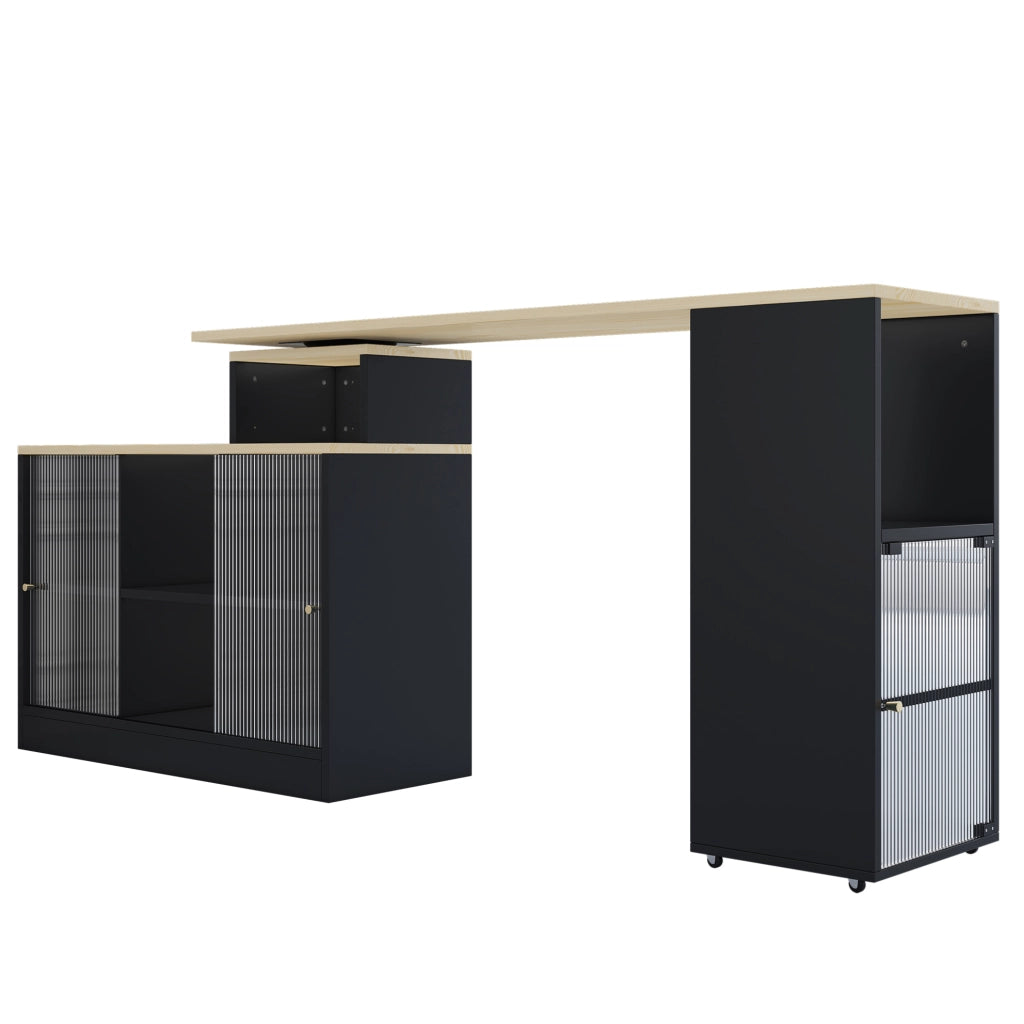 Tavolo bar allungabile con contenitore; mobile con ruote girevoli; MDF e vetro; nero