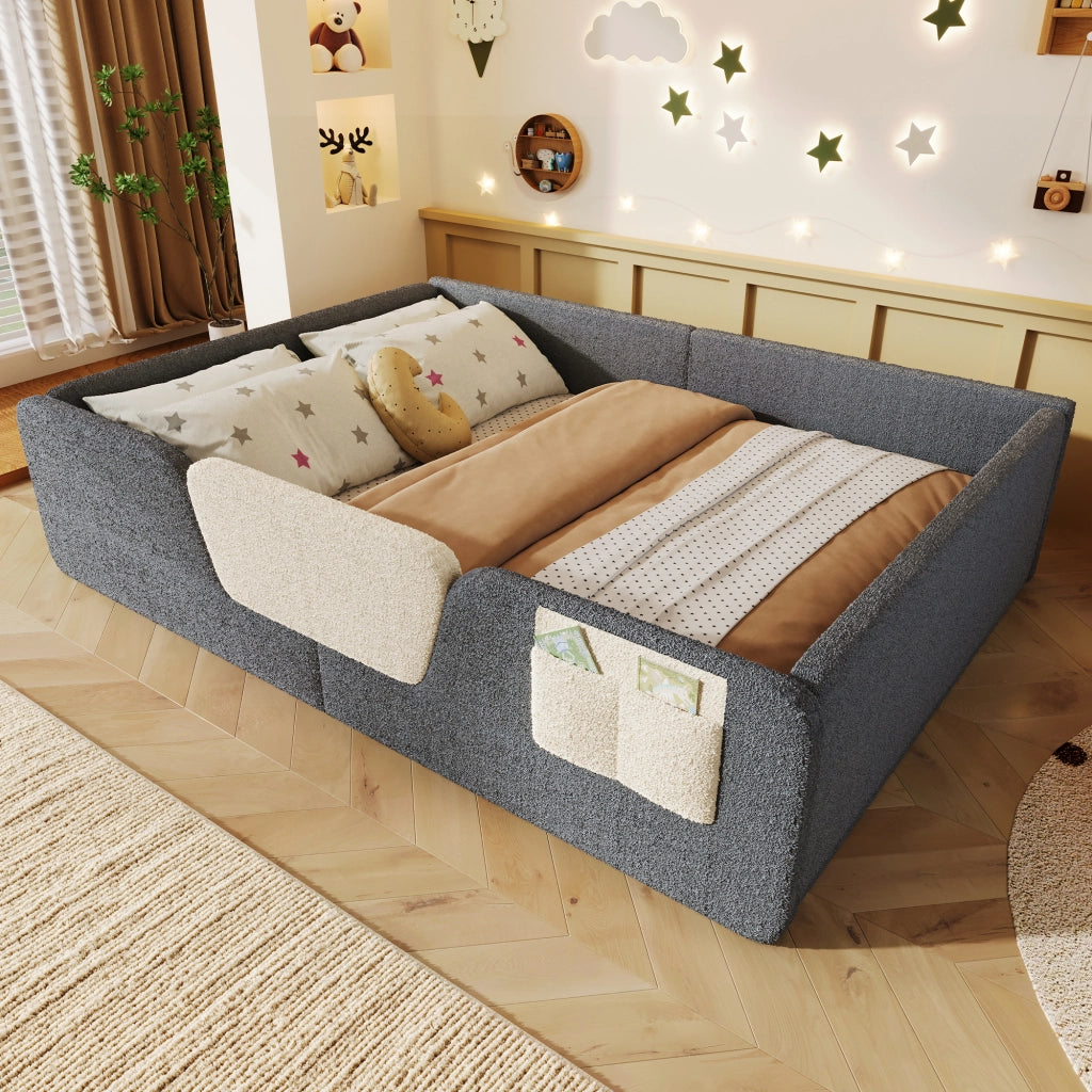 Letto imbottito con sponde rimovibili e tasca, 140x190 cm, grigio