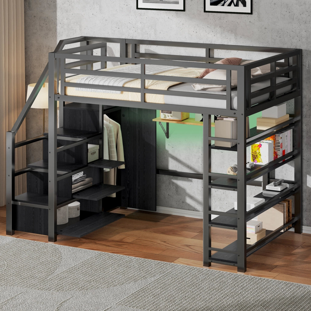 Letto a soppalco 140x200 cm con armadio; scala contenitore e LED nero HOMVRA