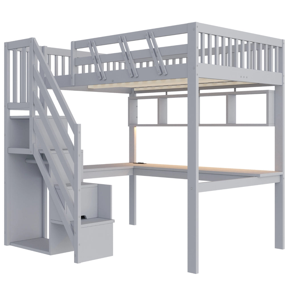 Letto a soppalco 140x200 cm con scrivania; scale contenitore; LED e prese; grigio