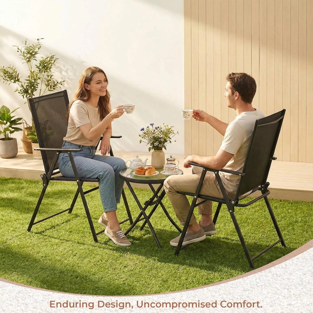 Set balcone 3 pezzi, Set Bistrot in metallo con 2 sedie pieghevoli e 1 tavolo pieghevole in vetro, Mobili da giardino pieghevoli,Gruppo di seduta per esterni per balcone piccolo,Nero