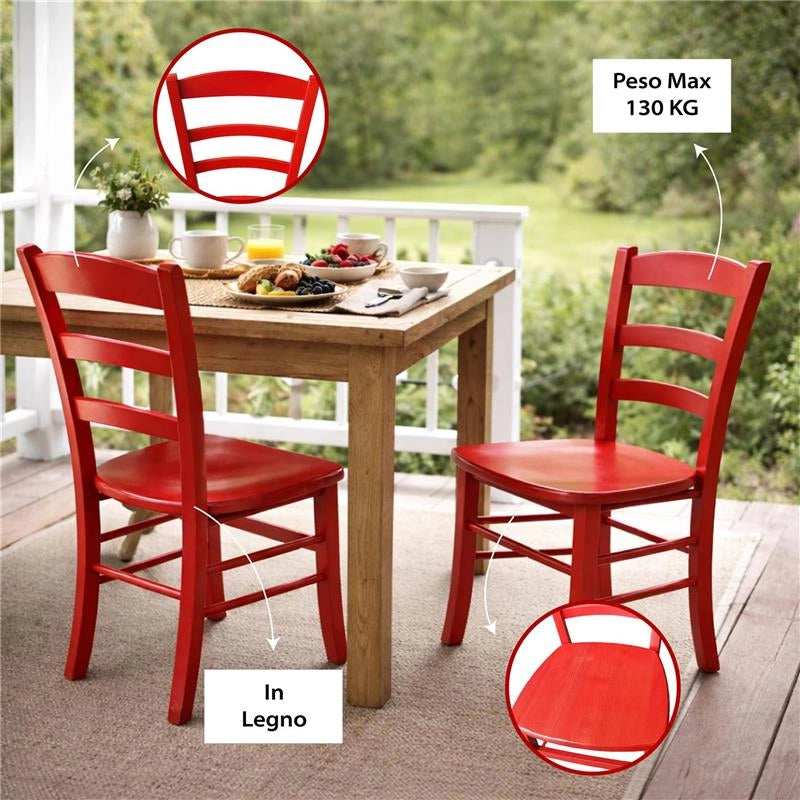 SET 4 SEDIE PAESANA IN LEGNO CON SEDUTA COMPATTA E SCHIENALE ALTO H 87 X L 45 X P 40 CM COLORE ROSSO