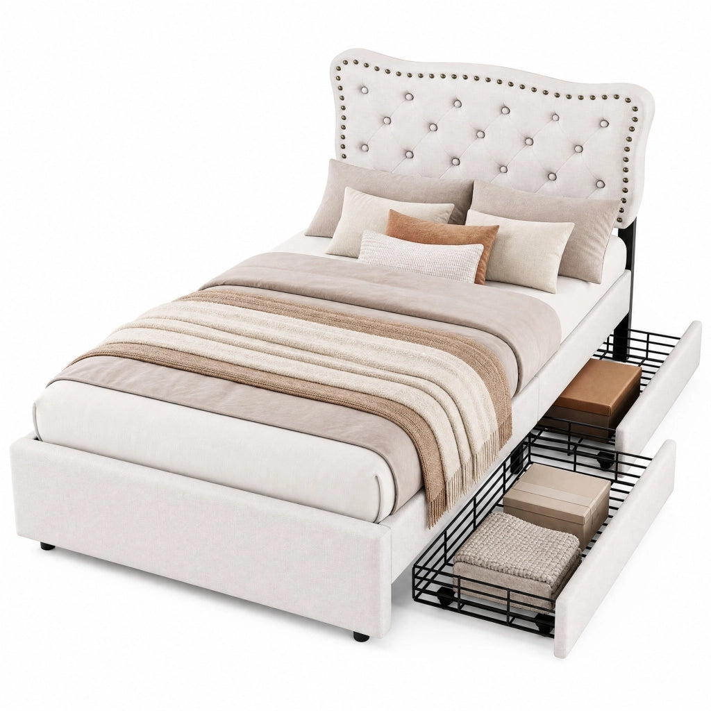 Letto imbottito 90x200 cm con 2 cassetti e testiera regolabile; MDF e lino; beige chiaro