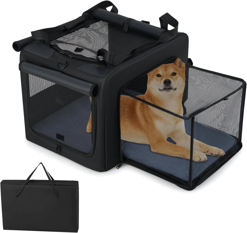 Trasportino Pieghevole per Cani e Gatti, Borsa da Trasporto per Animali con 2 Aperture, Finestra, Cesto Interno in Rete, Tasche Laterali e Porta Bicchiere, Gabbia Morbida e Portatile (M)