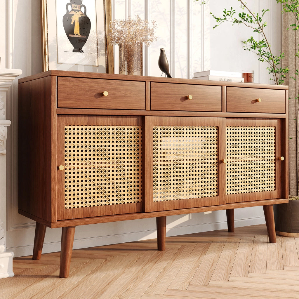 Credenza con 3 Cassetti e 3 Ante Scorrevoli; Frontali in Rattan; Ripiani Regolabili; in MDF; 120??40??78 cm; Noce